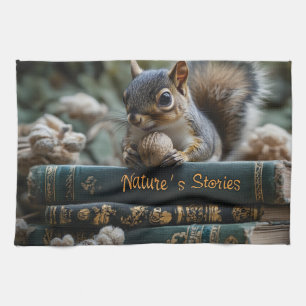 Squirrel with Nut on Antique Books, Nature's Story Tea Towel