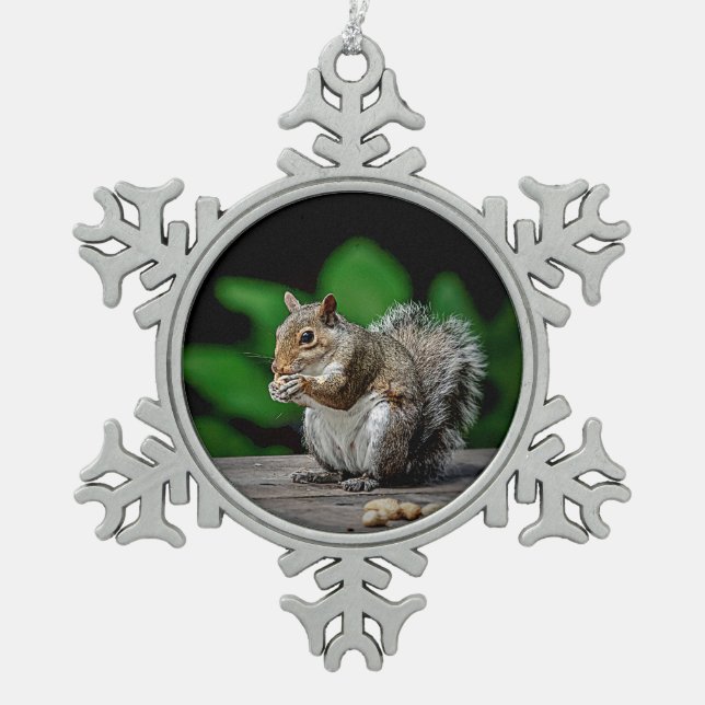Squirrel with peanuts snowflake pewter christmas ornament (Front)