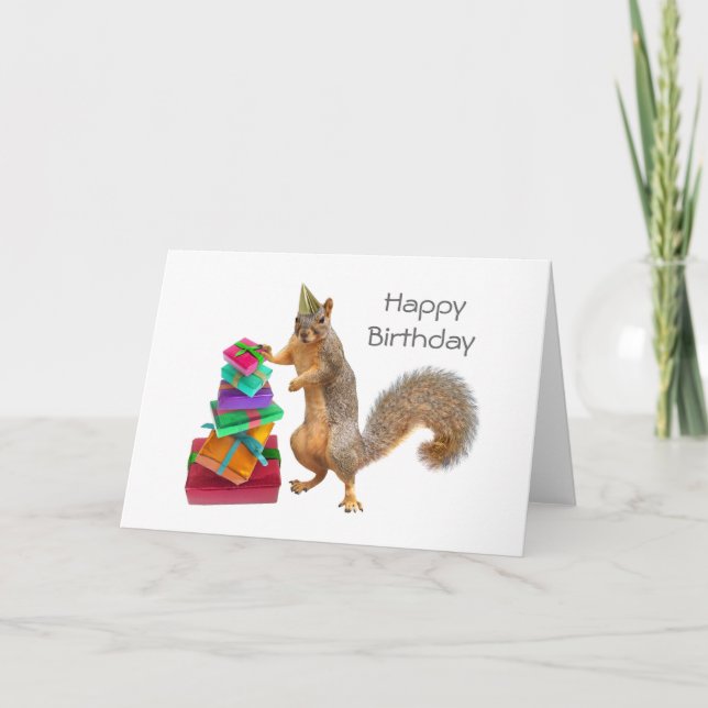 Squirrel with Pile of Presents Birthday Card (Front)