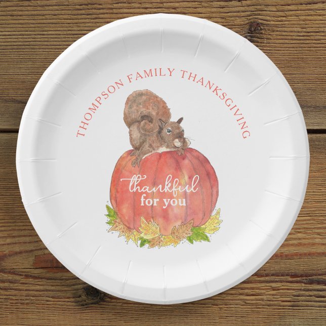 Squirrel with Pumpkin Thanksgiving Dessert Paper Plate (Cute Squirrel Dessert Plate for Thanksgiving)