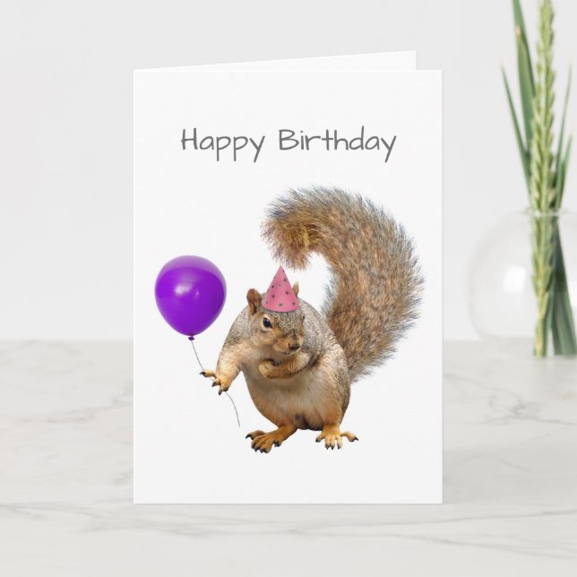 Squirrel with Purple Balloon Birthday Card (Front)