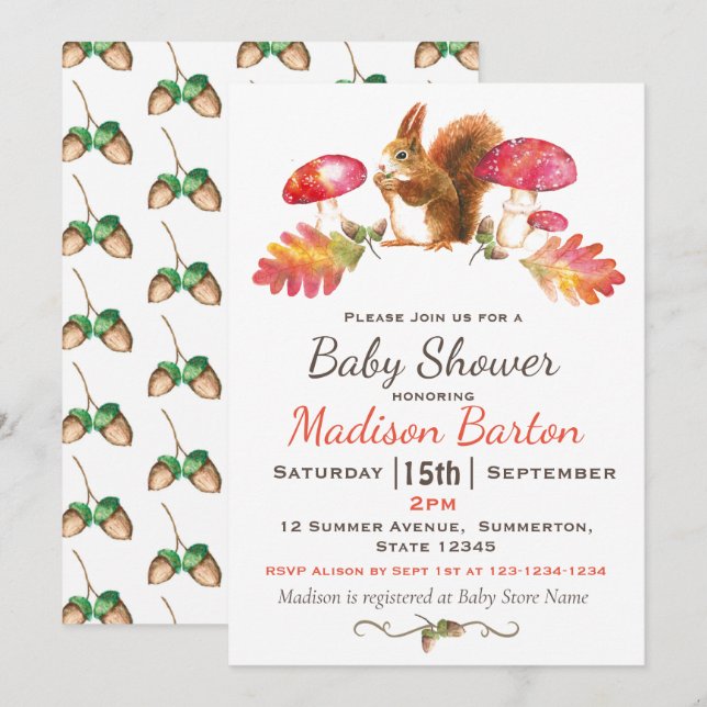 Squirrel Woodland Autumn Watercolor Baby Shower Invitation (Front/Back)