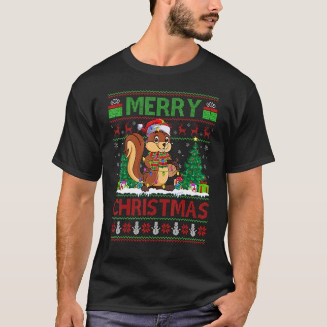Squirrel   Xmas Tree Light Ugly Santa Squirrel Chr T-Shirt (Front)