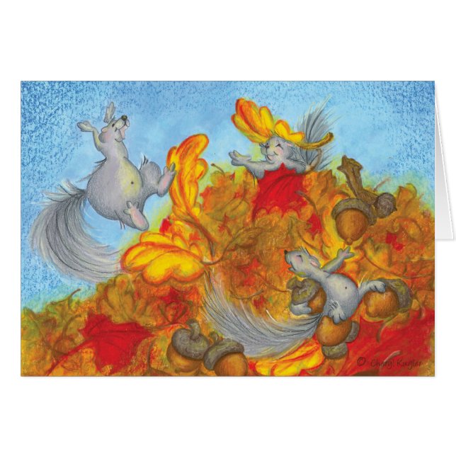 Squirrels Autumn Leaves & Acorns Card (Front Horizontal)