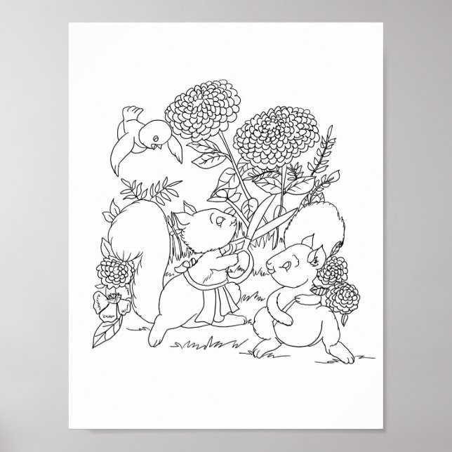 Squirrels Flowers Forest Animals Colouring page Poster (Front)