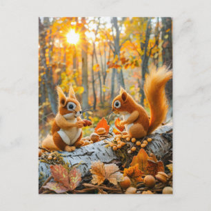 Squirrels Gathering Acorns on Forest Floor Postcard