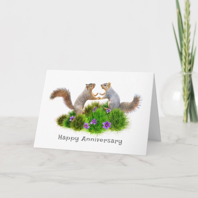 Squirrels in Grass and Flowers Anniversary Card (Front)