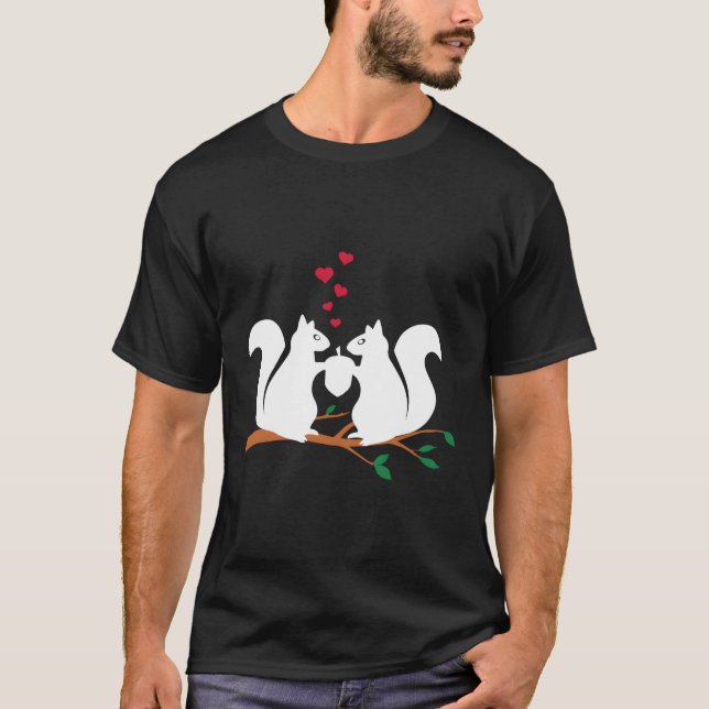 Squirrels In Love Sharing A Nut Red Hearts Long Sl T-Shirt (Front)