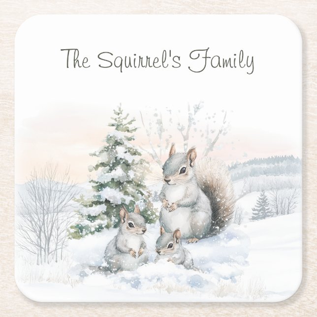 Squirrels in Winter Snow  Square Paper Coaster (Front)