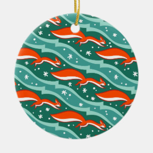 Squirrels jumping in the snow on a Christmas tree Ceramic Ornament