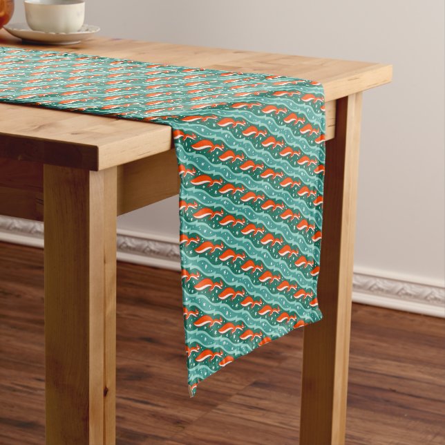 Squirrels jumping in the snow on a Christmas tree Short Table Runner (In Situ)
