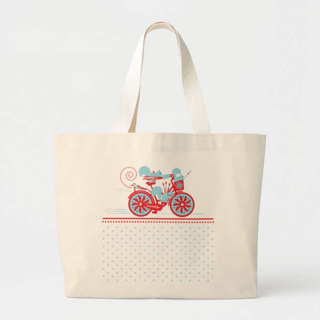 Squirrels on a Bicycle Jumbo Tote - Light Blue/Red (Front)