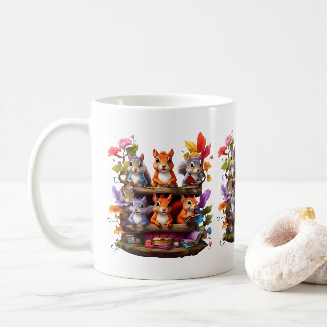 Squirrels On A Wooden Bookshelf Coffee Mug (With Donut)