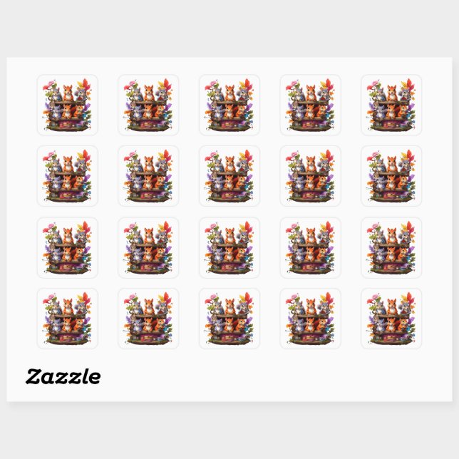 Squirrels On A Wooden Bookshelf Square Sticker (Sheet)