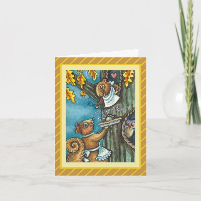 SQUIRRELS & OWL THANKSGIVING, HOMEMADE ACORN PIE HOLIDAY CARD (Front)