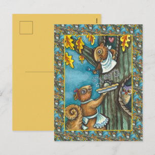 SQUIRRELS & OWL THANKSGIVING, HOMEMADE ACORN PIE HOLIDAY POSTCARD