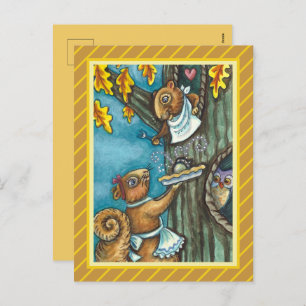 SQUIRRELS & OWL THANKSGIVING, HOMEMADE ACORN PIE HOLIDAY POSTCARD