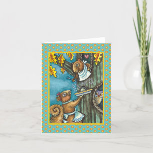 SQUIRRELS & OWL THANKSGIVING, HOMEMADE PIE Blank Card