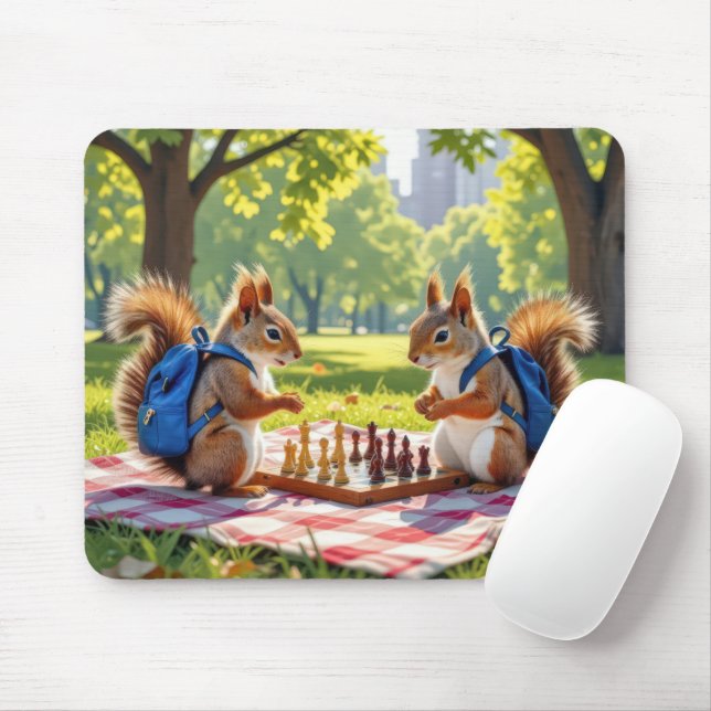 Squirrels Playing Chess In a City Park Mouse Pad (With Mouse)