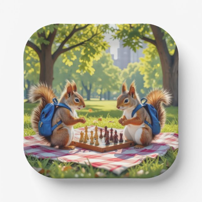 Squirrels Playing Chess In a City Park Paper Plate (Front)