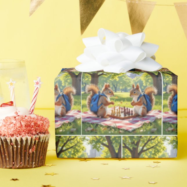 Squirrels Playing Chess In a City Park Wrapping Paper (Birthday Party)