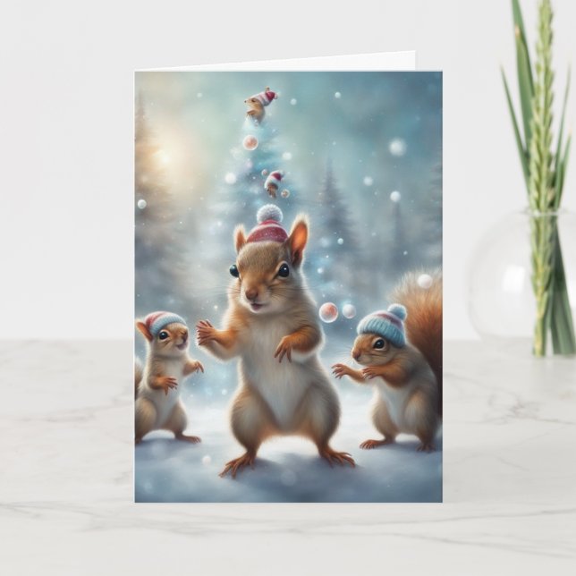 Squirrels playing in the snow Christmas Card (Front)
