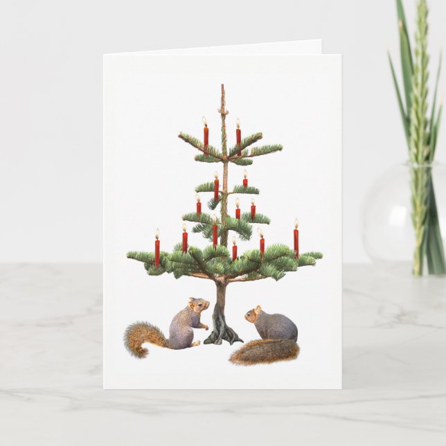 Squirrels Red Candles Tree Christmas Card (Front)
