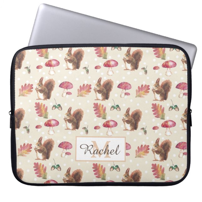Squirrels & Toadstools Autumn Pattern Personalised Laptop Sleeve (Front)