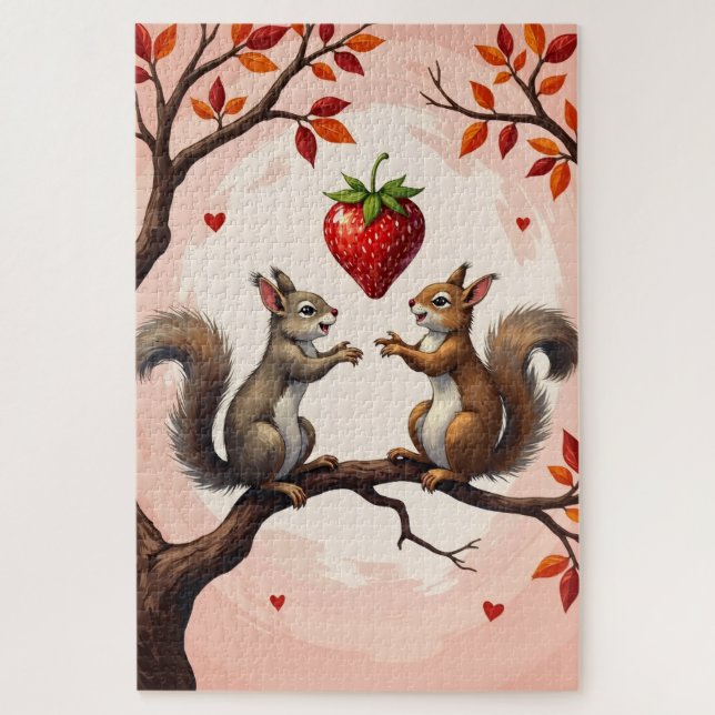 Squirrels Tossing Giant Valentine's Strawberry Jigsaw Puzzle (Vertical)
