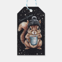 Squirrels with cup and snow "Stay Warm"