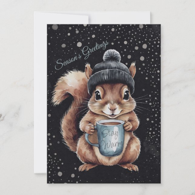 Squirrels with cup and snow "Stay Warm" Holiday Card (Front)