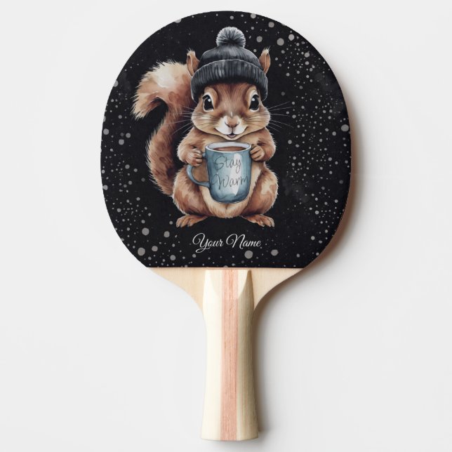 Squirrels with cup and snow "Stay Warm" Ping Pong Paddle (Front)