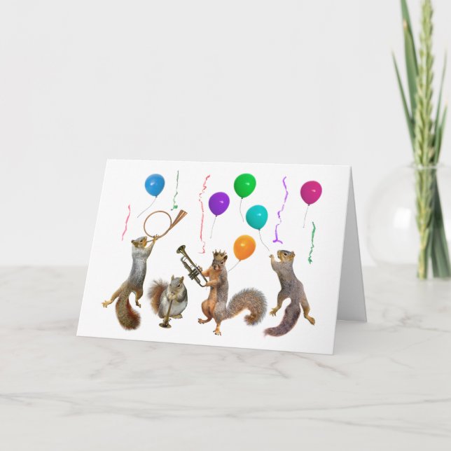 Squirrels with Horns and Balloons Birthday Card (Front)