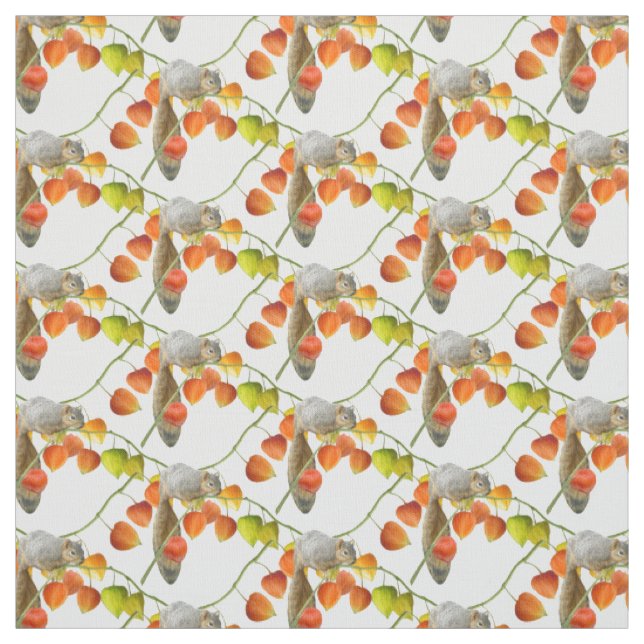 Squirrels with Japanese Lanterns Fabric (Swatch)