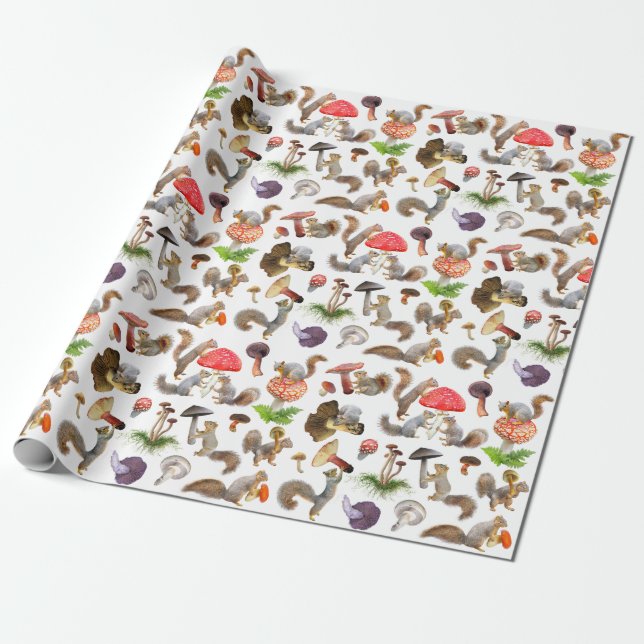 Squirrels with Mushrooms Wrapping Paper (Unrolled)