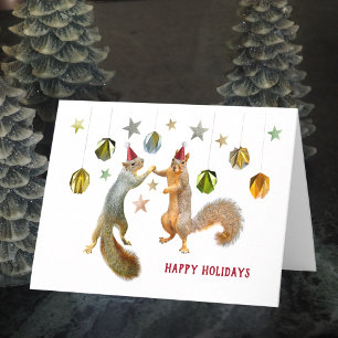 Squirrels with Red Caps Happy Holidays Card