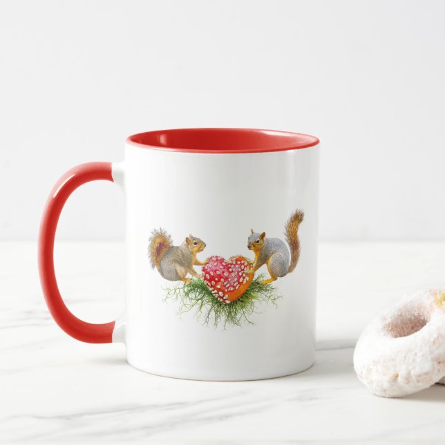 Squirrels with Red Mushroom Heart Mug (With Donut)