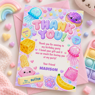 Squishy Girl Cute Kawaii Colourful Birthday Party Thank You Card
