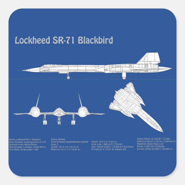 SR-71 Blackbird - Aeroplane Blueprint Plans ABD Square Sticker (Front)
