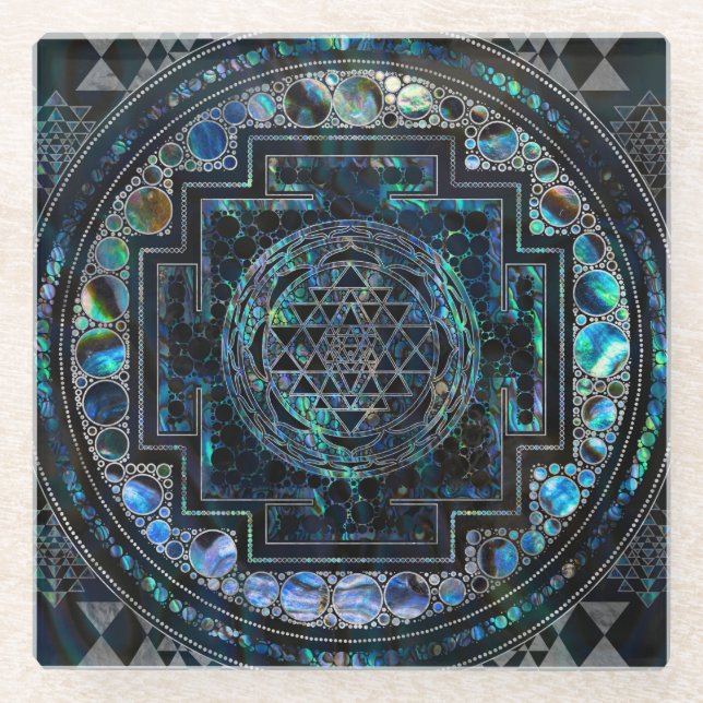Sri Yantra  / Sri Chakra Abalone Shell and Silver Glass Coaster (Front)