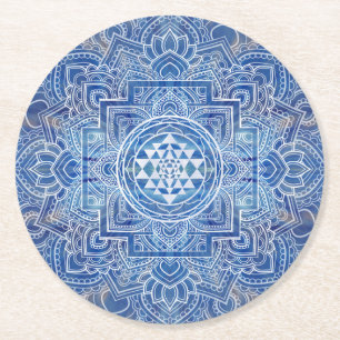 Sri Yantra / Sri Chakra Blue Watercolor Round Paper Coaster
