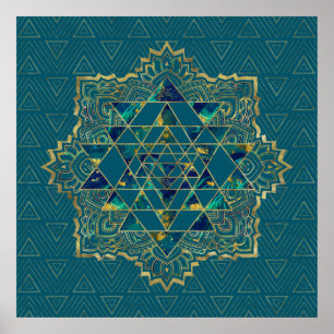 Sri Yantra  / Sri Chakra Gold, Marble and Teal Poster