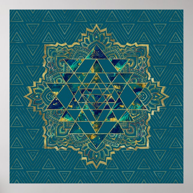 Sri Yantra  / Sri Chakra Gold, Marble and Teal Poster (Front)