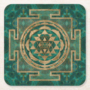 Sri Yantra / Sri Chakra Malachite and gold Square Paper Coaster