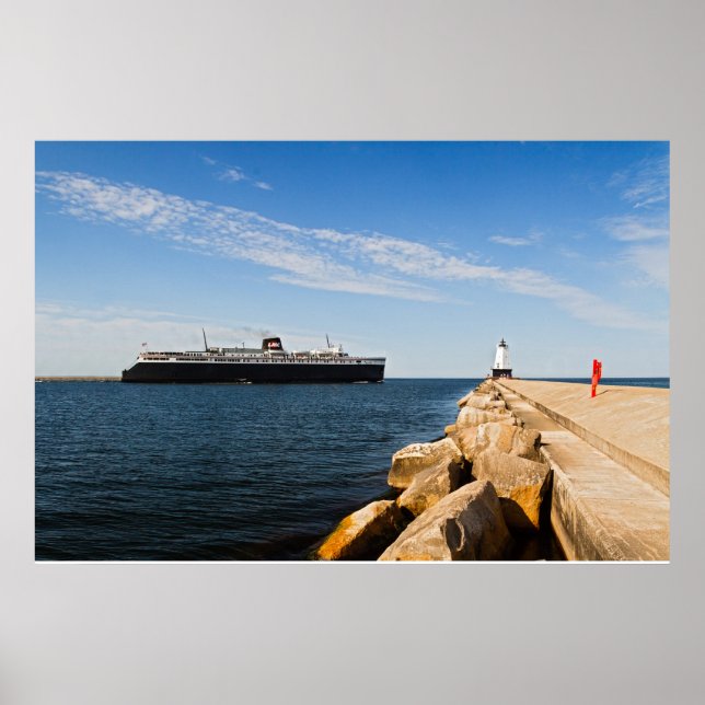 SS Badger Car Ferry & Ludington, MI Lighthouse Poster (Front)