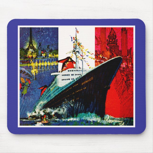 ss France with Eiffel Tower and Statue of Liberty Mouse Pad (Front)