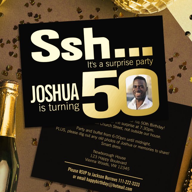 Ssh... Surprise 50th Birthday party gold black (Creator Uploaded)