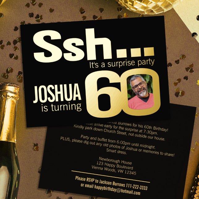 Ssh... Surprise 60th Birthday party gold black (Creator Uploaded)