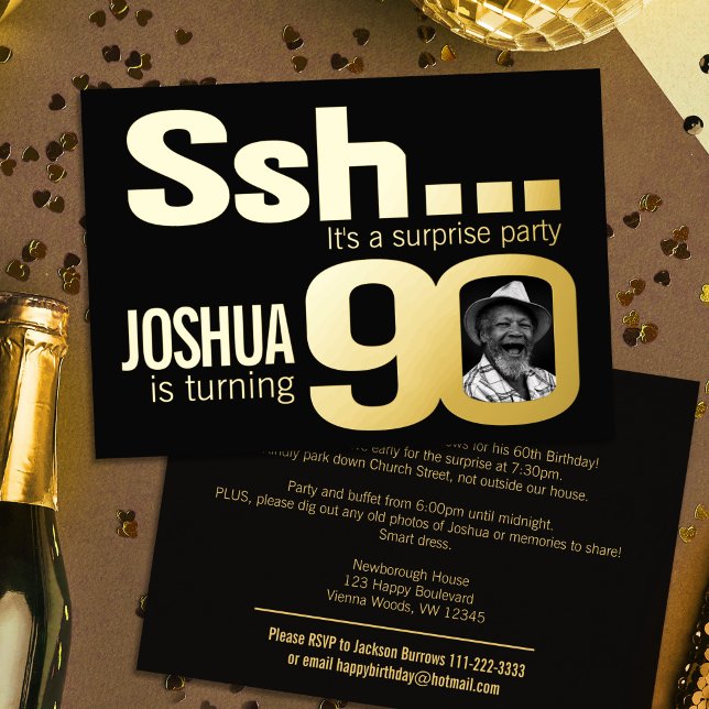 Ssh... Surprise 90th Birthday party gold black (Creator Uploaded)