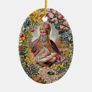 St. Ambrose of Milan with Flowers, Bees, and Hive Ceramic Ornament